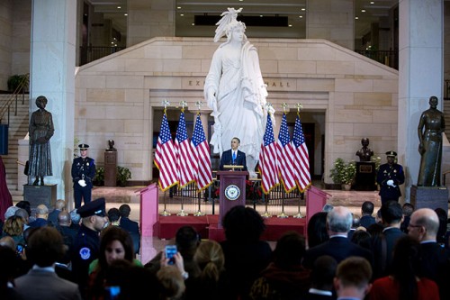 President Barack Obama delivers remarks at an event commemorating the 150th anniversary of the 13th Amendment abolishing slavery, at the U.S. Capitol in Washington, D.C., Dec. 9, 2015. (Official White House Photo by Lawrence Jackson)